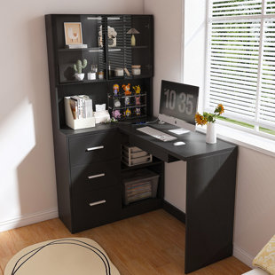 Computer Desk with Glass Cabinets & Built-In LED Lights, Corner L-Shaped Office Desk with USB Charging Ports, Keyboard Tray, Ergonomic Design for Home and Corporate Workspaces