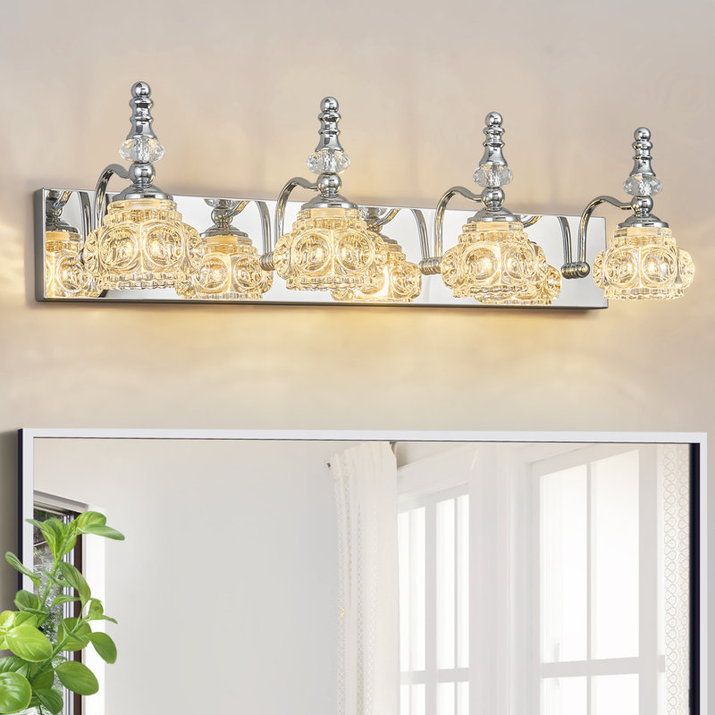 Modern Vintage Glass Vanity Light Bathroom Over Mirror Lighting Fixtures Glass Shade Wall Sconces, Chrome, 4 Lights