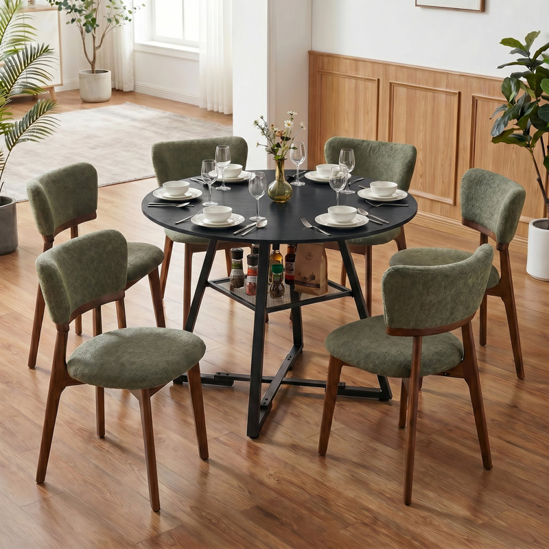 Table de salle à manger industrielle ronde noire de 42 po et chaise de salle à manger rembourrée en bois massif de 6 pièces vert