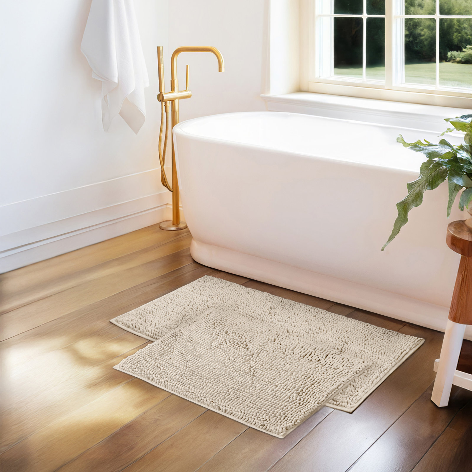 Soft Absorbent Chenille Bath Mat Rug with Anti-Skid Rubber Backing, 24" L x 17" W, Ivory
