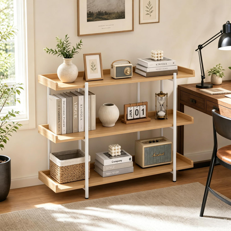 Bibliothèque réglable à 3 niveaux pour bureau ouvert - Bibliothèque industrielle rustique avec garde en relief, 6 pieds robustes, étagère en bois étroite pour le bureau à domicile, le salon, la chambre à coucher ou la cuisine