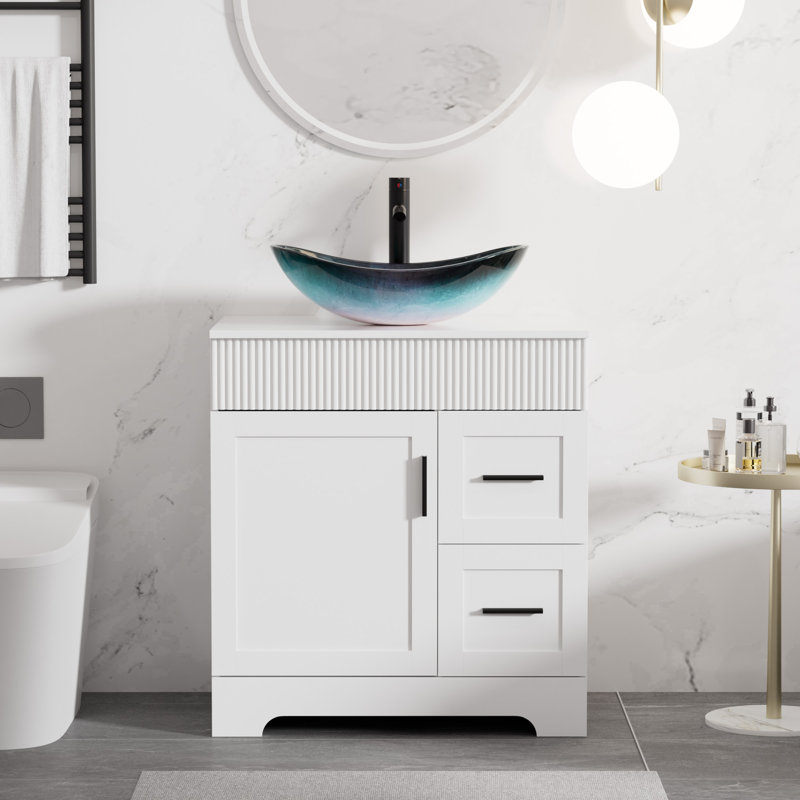 Base de meuble-lavabo simple 30 po seulement, lavabo vasque non inclus, bande cannelée, Blanc