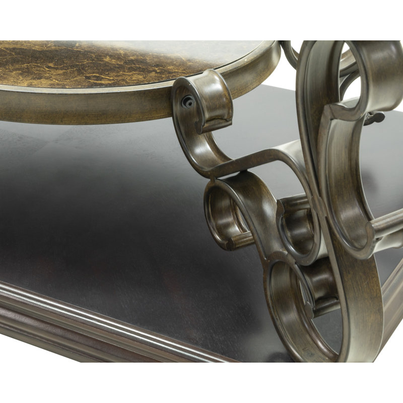 Avec table basse en papier marbré, brun, avec plateau en verre et pieds en métal, base