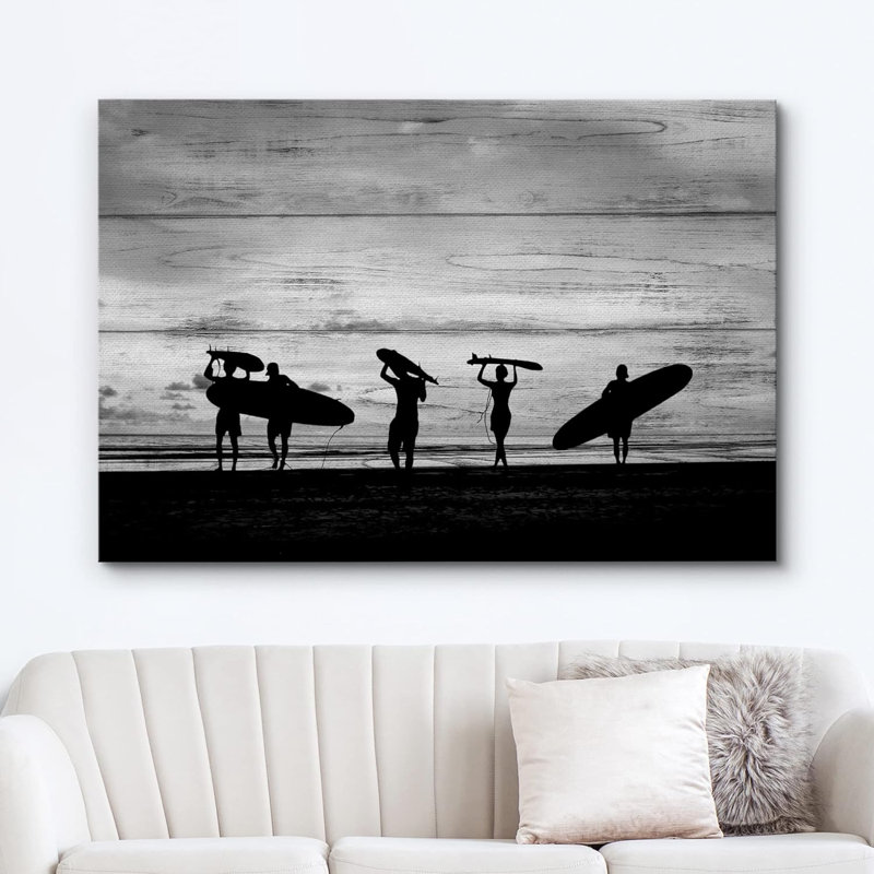 Silhouette de divertissement nautique de surfeurs transportant leur planche de surf sur Sunset Beach Modern, Toile tendue