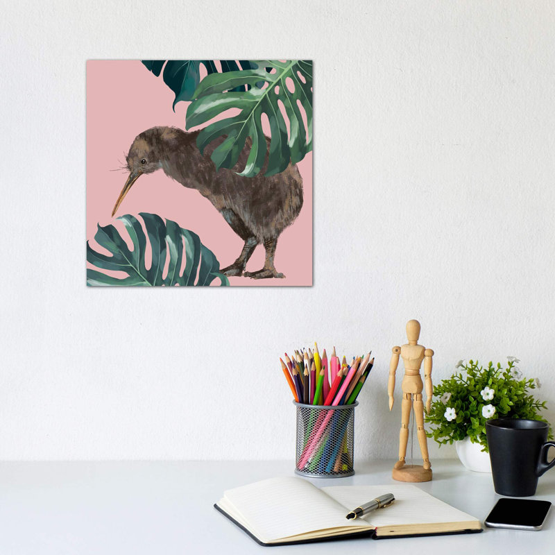 Kiwi oiseau avec monstera art, H 12 po x l 12 po x P 1,5 po, Toile tendue