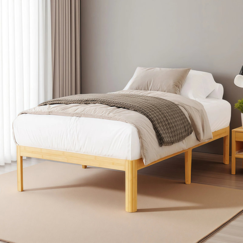 Solid Wood and Metal 14" Heavy Duty Bamboo Platform twin xl bed frame with Iron Legs-Sturdy, Eco-Friendly Tool-Free Assembly, Single Beds for Taller Teens & Students, Compact Space-Saving Design, Ideal for Dorms & Longer Rooms