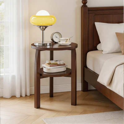 Table de bout ronde en bois d'hévéa massif, table d'appoint à 2 niveaux avec tablette de rangement, petite table d'appoint pour le salon, la chambre à coucher