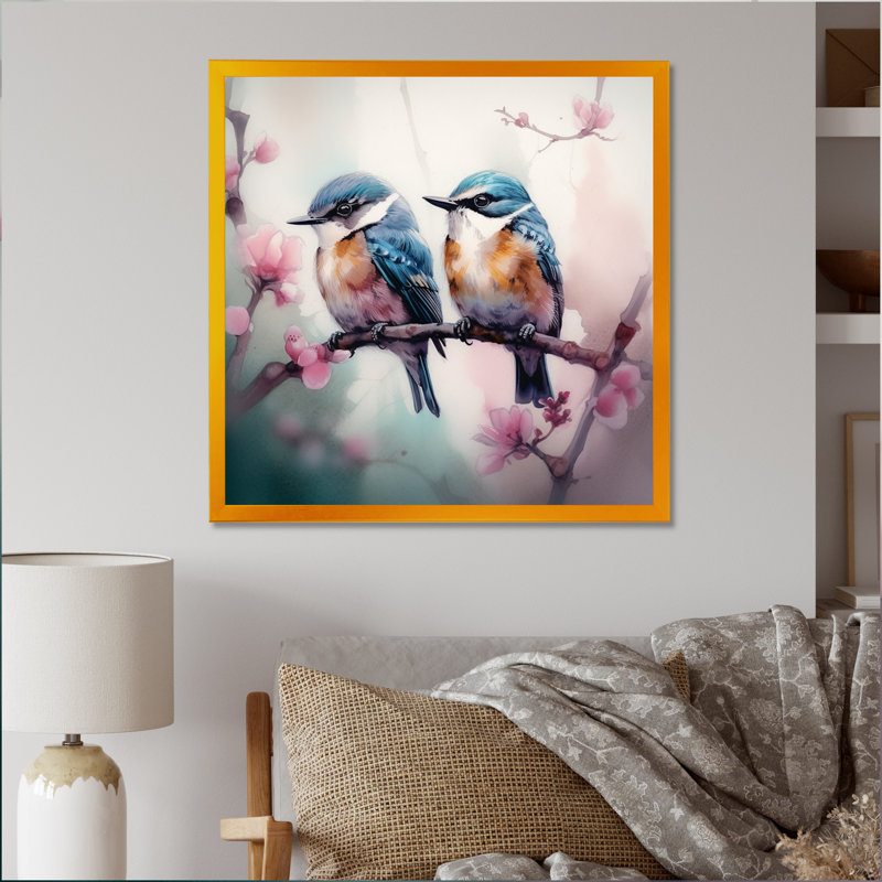 Oiseaux bleus sur une branche II, H 36 po x l 36 po x P 1,5 po, Toile avec cadre flottant noir