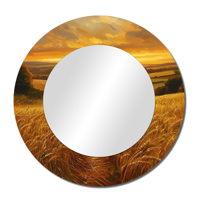 «Countryside Golden Fields At Sunset I» - Miroir champêtre pour décoration murale - imprimé sur métal, 36 po x 36 po