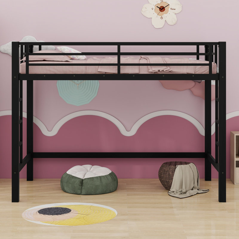 Metal Loft Bed With Ladder And Guardrails, Twin XL