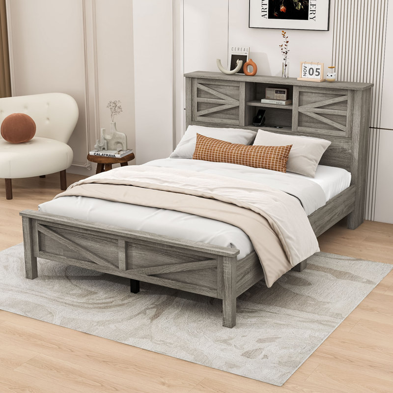 Lit plateforme avec rangement Carra, Gris antique