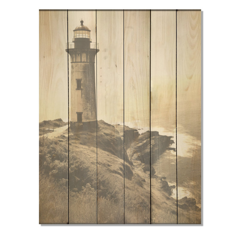 Phare rétro, paysage de mimalisme - Art mural en bois sur bois de pin naturel, H 40 po x l 30 po