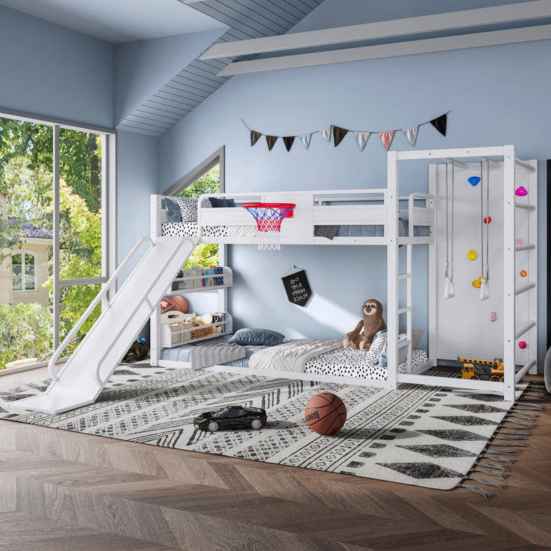 Full Size Metal Loft Bed with Basketball Hoop, Climbing Wall, Pull-Up Rings, and Slide, Lit simple