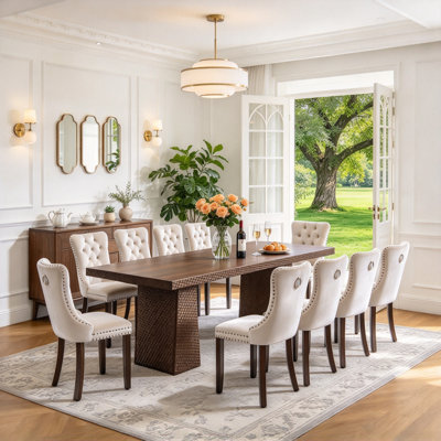 11-Piece Extendable Dining Table Set with Upholstered Chairs, 63"-94.5" Large Farmhouse Kitchen Table with Heavy-Duty Hammered Base, Seats 6-10