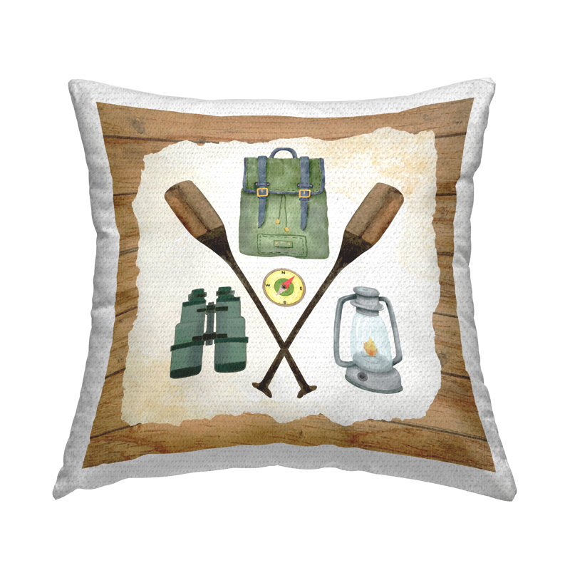 Various Camping Gear Rustic Grain Pattern Outdoor Printed Pillow by ND Art