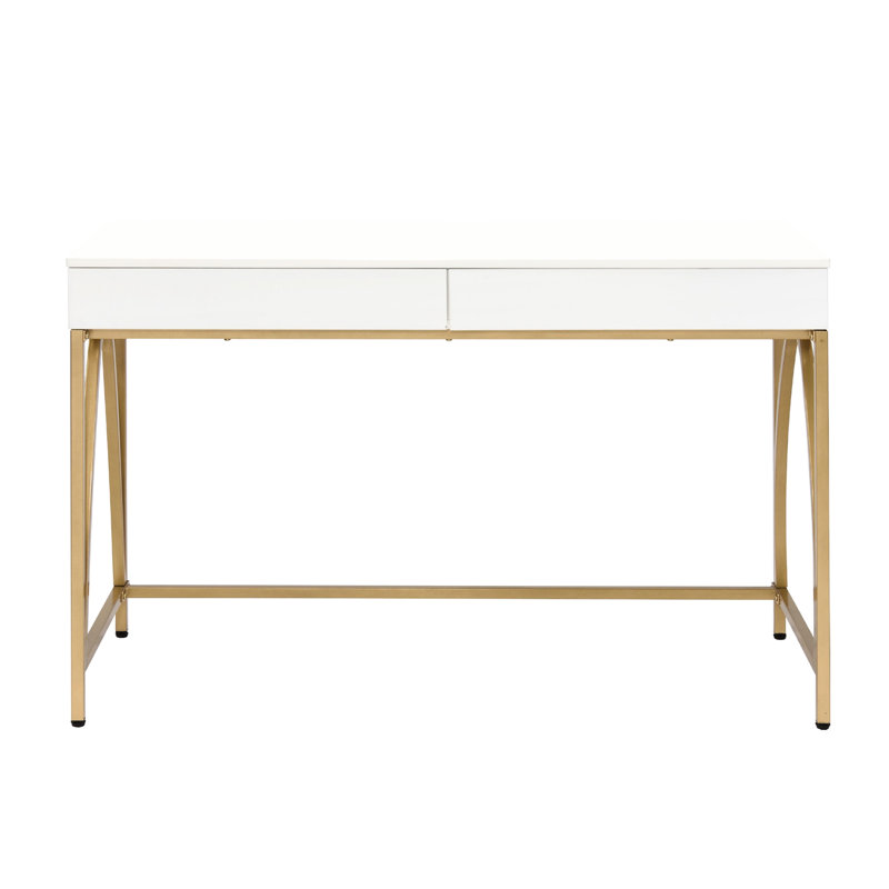 Bureau 2 tiroirs blanc ultrabrillant avec base à tréteaux en métal doré pour bureau d'étude Comprendre les tiroirs, la base et la productivité des éléments en bois