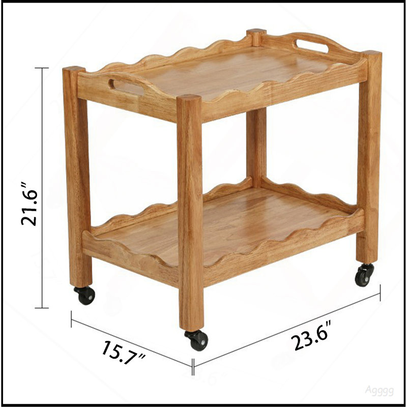 Table d'appoint roulante en bois d'hévéa massif, 2 niveaux avec roues verrouillables et plateau amovible, robuste et durable pour chariot de bar, table de chevet, table de bout, table de canapé
