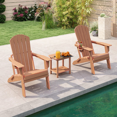 3-piece Foldable Hdpe Adirondack Chair Set With 2-tier Side Table, Cup Holders, All-weather Poly Lumber Outdoor Patio Furniture