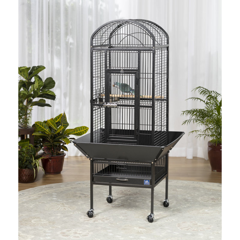 Black Hammertone Steel Dome Top Bird Cage with Wheels