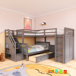 Solid Wood Frame Full L-Shaped Bunk Bed With 3 Drawers, Portable Desk and Wardrobe