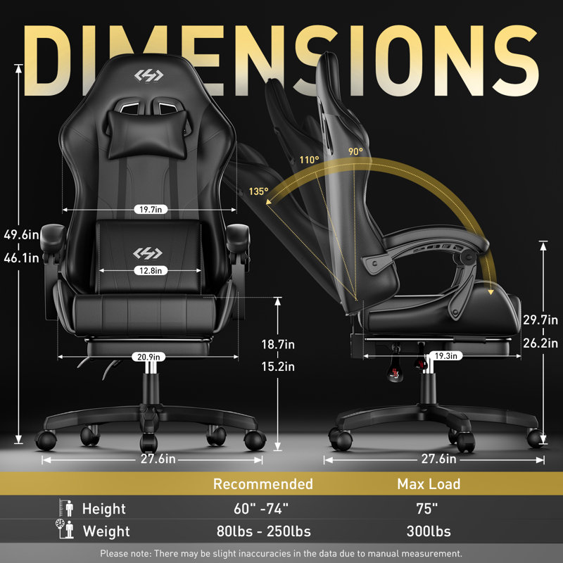 Gaming Chair with Pocket Spring Cushion, Video Game Chair, Gaming Computer Chair, Ergonomic Chairs with Headrest and Lumbar Support for Adults, Swivel PU Leather Office Chair,Black