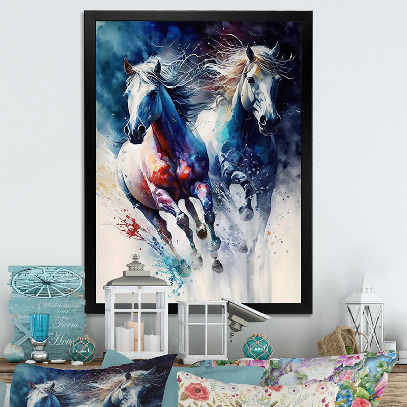 " Horses Running III ", Black Picture Framed Canvas, 12" W x 20" H