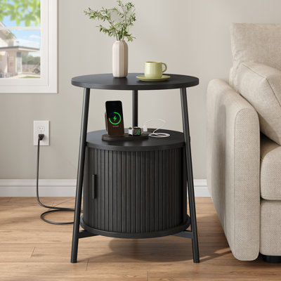Round End Table With Storage, Fluted Side Table With Sliding Tambour Door & Charging Station by George Oliver
