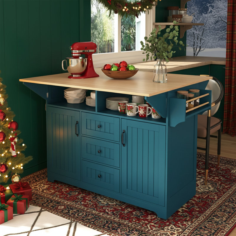  Îlot de cuisine de 55 po avec double abattant, grand chariot de cuisine mobile avec prise de courant et ports USB, table de salle à manger pliante avec 3 tiroirs, bleu