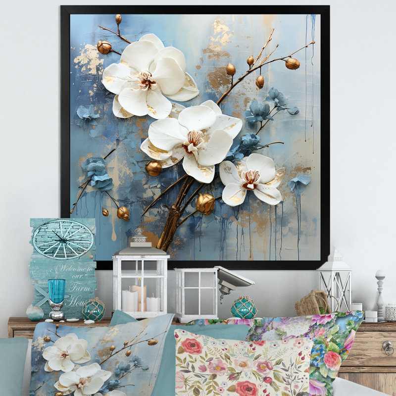 «White Orchids Whispered Symphony» sur impression sur toile, H 36 po x l 36 po x P 1,5 po, Cadre simple noir