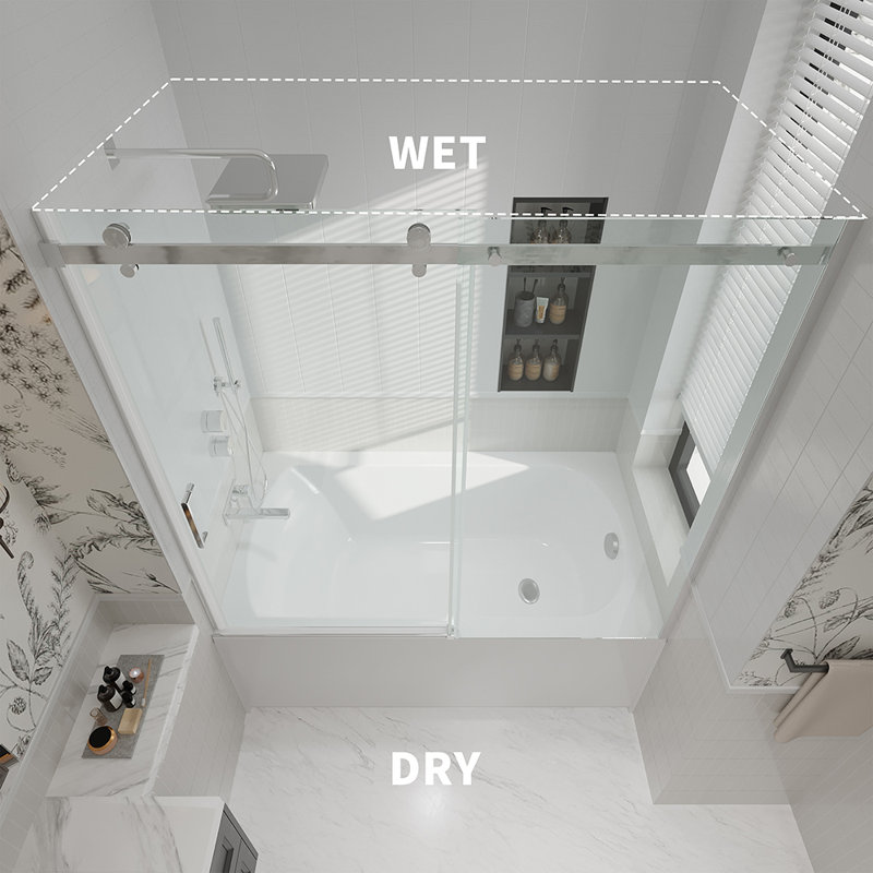 52–56″ W x 58″ H Sliding Semi-Frameless Tub Door, Chrome Finish with Clear Glass