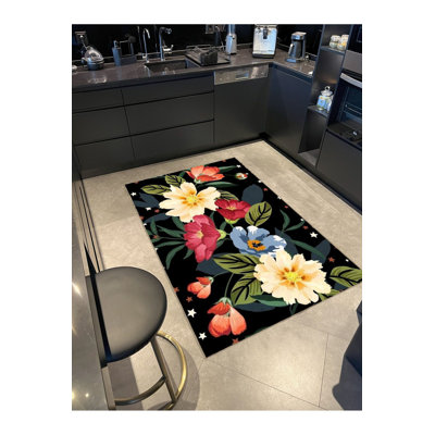 Tapis décoratif noir à motif de fleurs noires multicolores