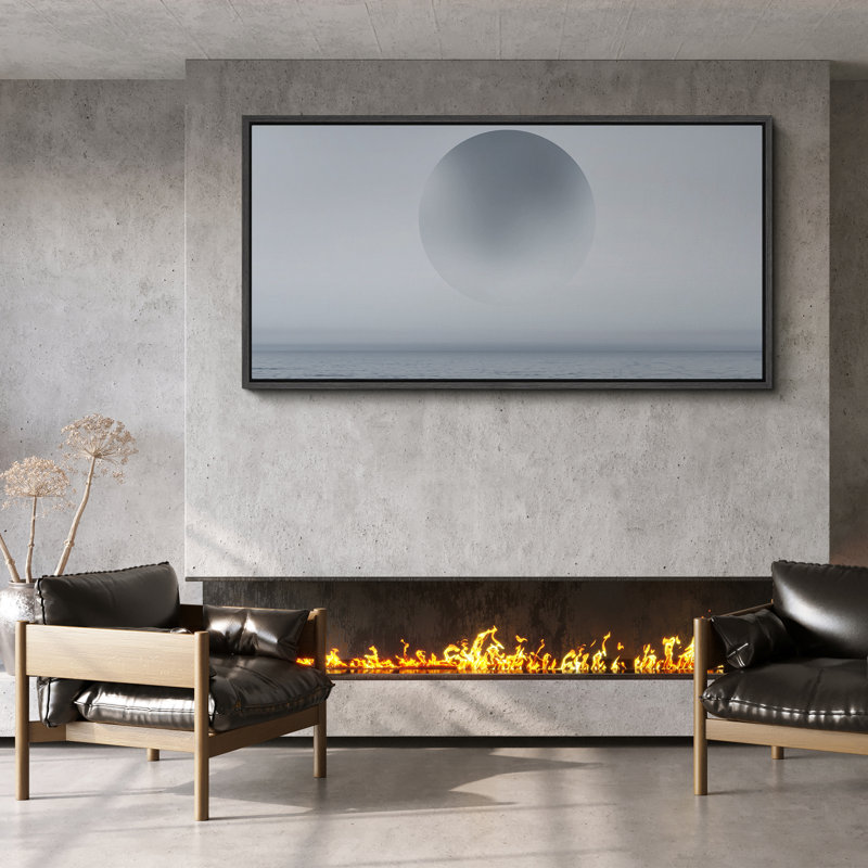 «Minimal Ocean Horizon with Sphere», toile encadrée - Paysage marin dans des tons gris, Noir, H 30 po x l 60 po