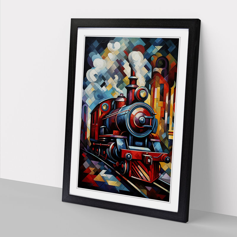 Steam Train Cubism - Framed Print, 34" H x 25" W x 2" D, Black