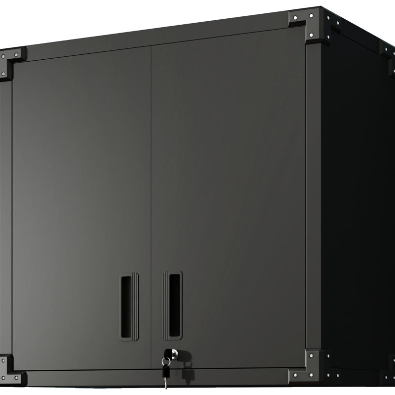 Metal Tool Cabinet For Warehouse. 2 Locking Doors, 1 Adjustable Shelf, Opened Drawer. Space Efficient Wall Mounted Storage Unit With Shelf And For Garage, Warehouse, Office. , Black, Modern