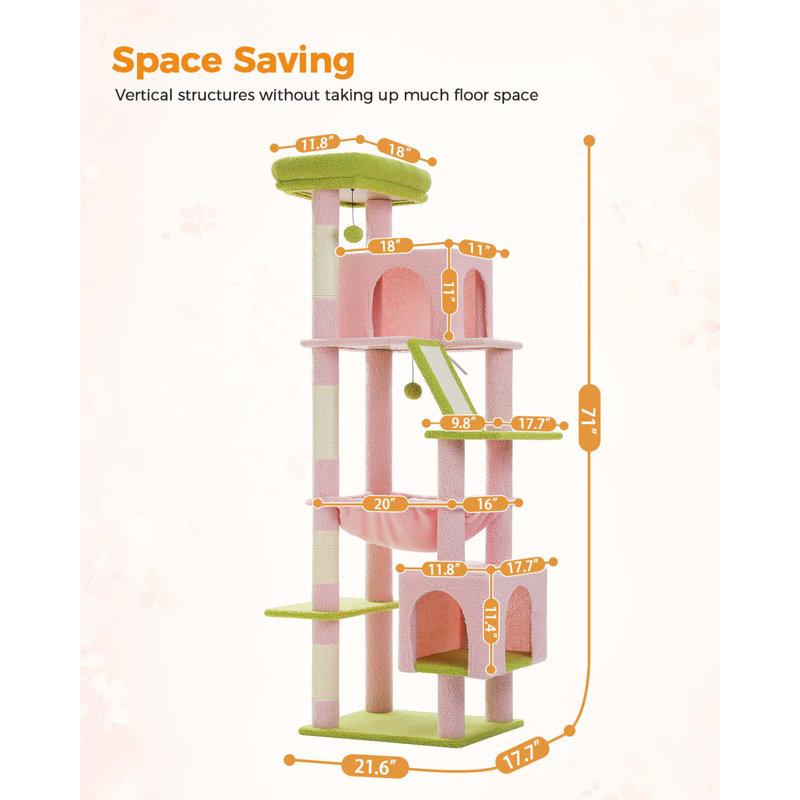 71" Pink and Green Multi-Level Cat Tree with Sisal Posts