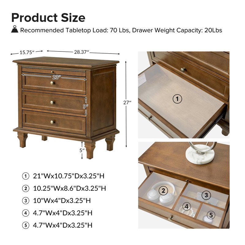 Arthelia Traditional 3-Drawer Nightstand with Charging