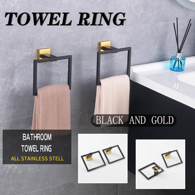 Porte-serviette mural en acier inoxydable avec finition brossée pour salle de bain, douche et cuisine, Noir mat / Or