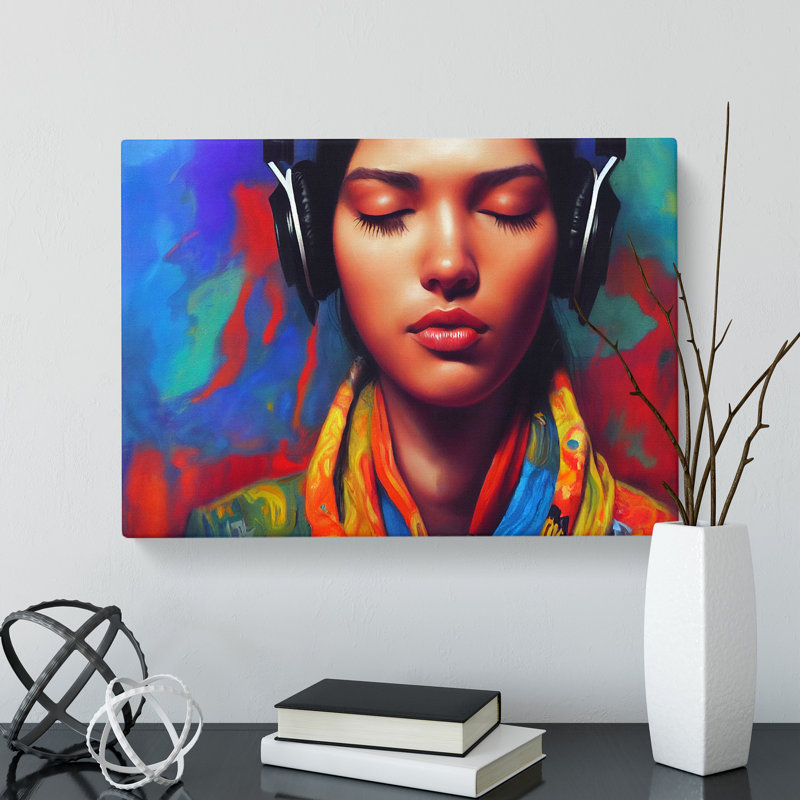 Woman With Headphones - Wrapped Canvas Print