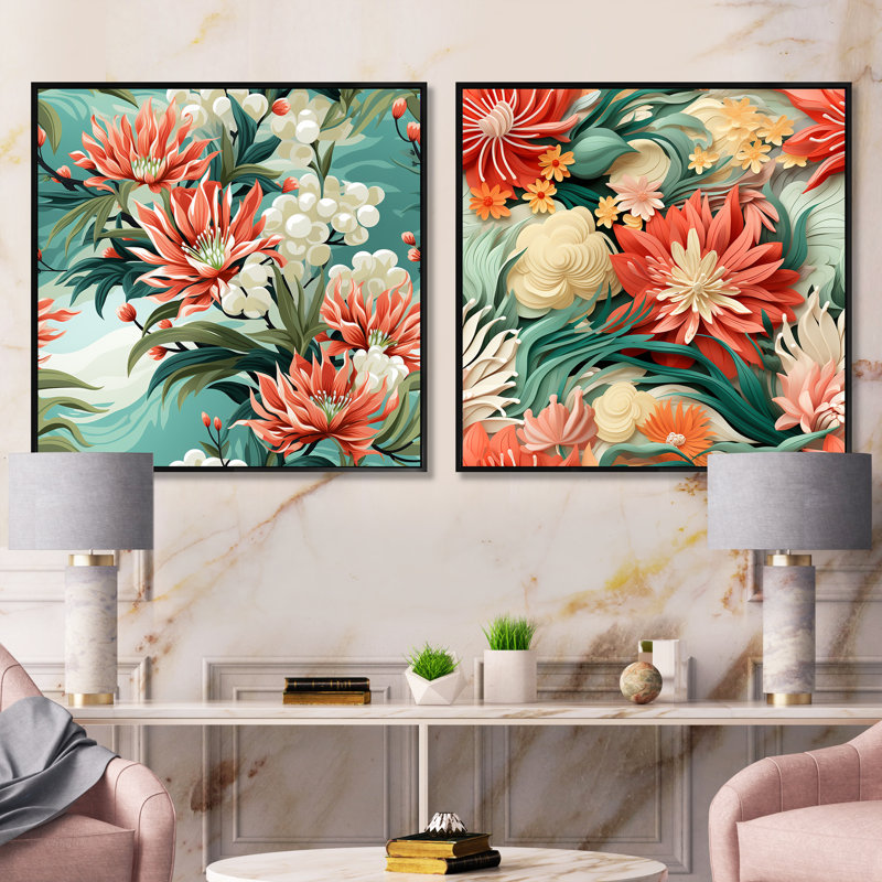 Tropical Coastal Escape - Ensemble de 2 collages carrés floraux, Cadre flottant noir, H 16 po x l 33 po
