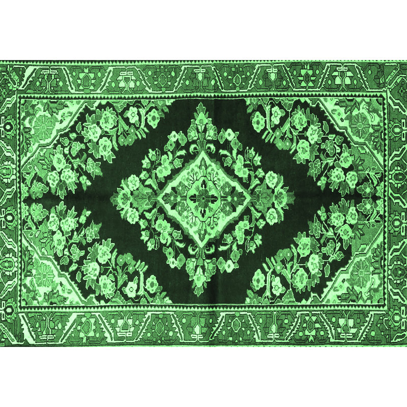 Tapis oriental en laine et en polyester tissé à la machine de couleur verte / noire Ollinger, Rectangle 2 pi x 3 pi