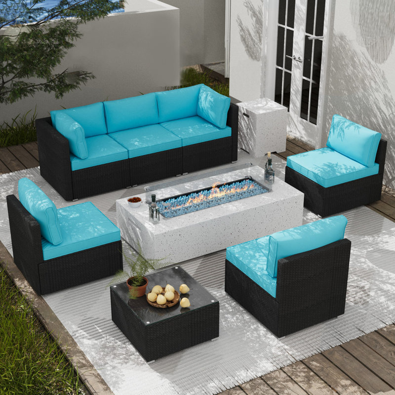 Ensemble de conversation modulaire 9 pièces avec coussins et table foyer, Bleu / Noir