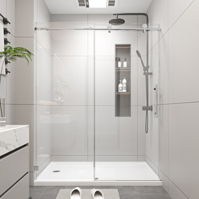 56-60" W x 74" H Frameless Single Sliding Soft-Close Shower Doors, 5/16" Thick SGCC Tempered Glass, Stainless Steel Hardware
