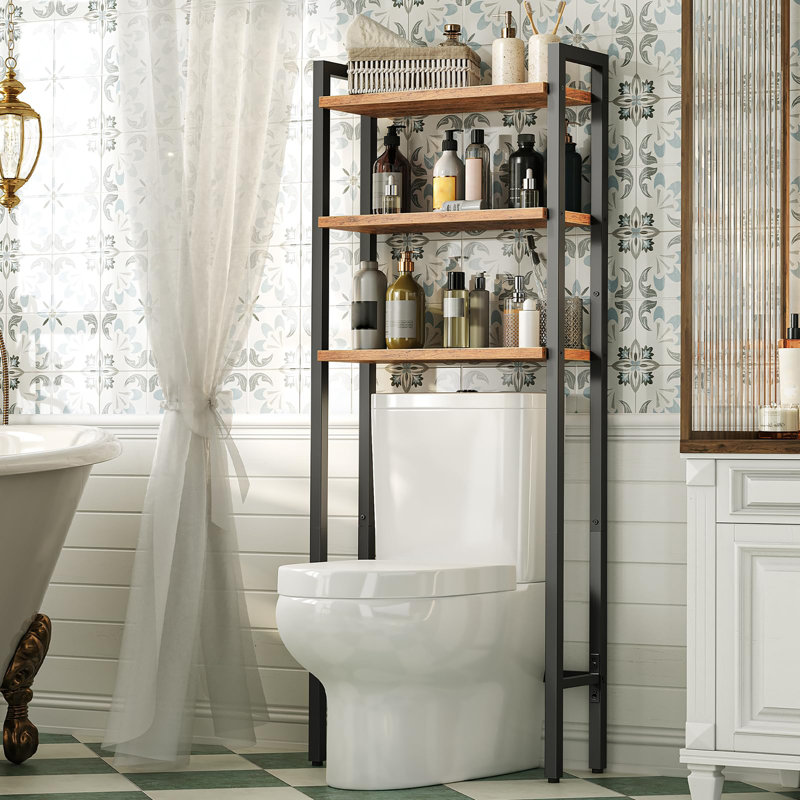 Étagère de rangement à 3 niveaux en bois au-dessus de la toilette, Brun rustique / noir