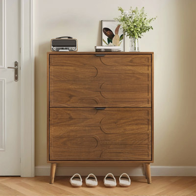 Medieval Modern Independent Shoe Cabinet, 31.5-Inch Walnut Shoe Storage Cabinet,, Fence Shoe Cabinet With 2 Flip Drawers, Suitable For Corridors And Entrances