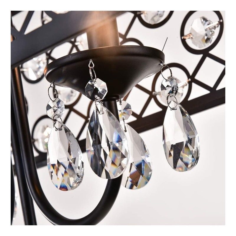 Lustre rectangulaire moderne en cristal avec abat-jour à perles en forme de goutte de pluie, suspension noire réglable pour salle à manger et îlot de cuisine (ampoules non comprises)