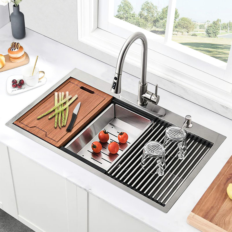 30" 2 Single Bowl Drop-In Sink, Stainless Steel With Bottom Grid, Basket Strainer And Rustproof Quality 30 Inch Kitchen Construction