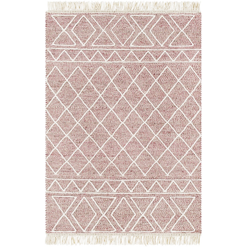 Tapis rose / blanc à motif géométrique tissé à la main Althena, Rectangle 6 pi x 9 pi