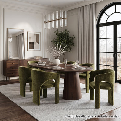 Ensemble de salle à manger rond à ovale extensible avec fauteuils demi-tonneau en chenille