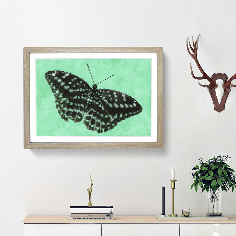 Mint Green Butterfly - Picture Frame Graphic Art Print, 33cm H x 45cm W x 2cm D, Oak Framed