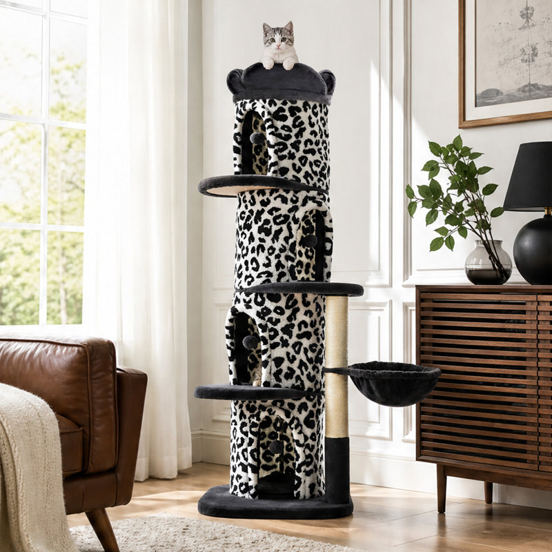 Arbre à chat de 174 cm (68,5 po) à motif léopard pour grands chats, avec niches, griffoirs et lit douillet, Noir